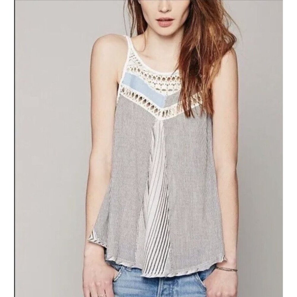 NWT Free People Striped Crochet Trim Sleeveless Top | Coastal Grandma Boho Indie - Picture 11 of 16